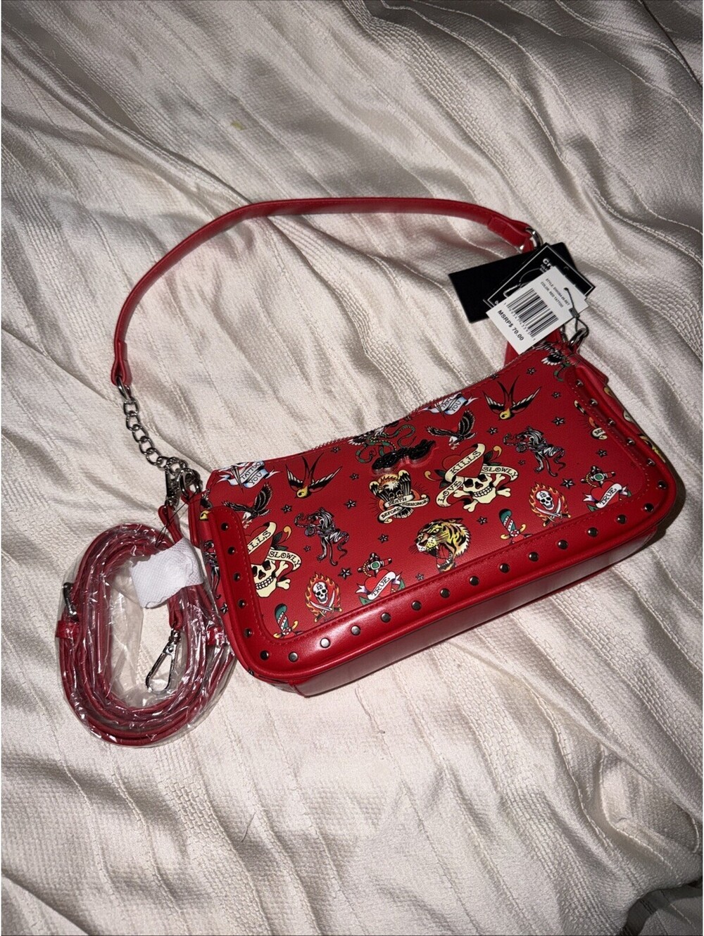 NWT RedEd Hardy Studded Shoulder / Crossbody Bag - Hearts, Skulls, Flowers Icons